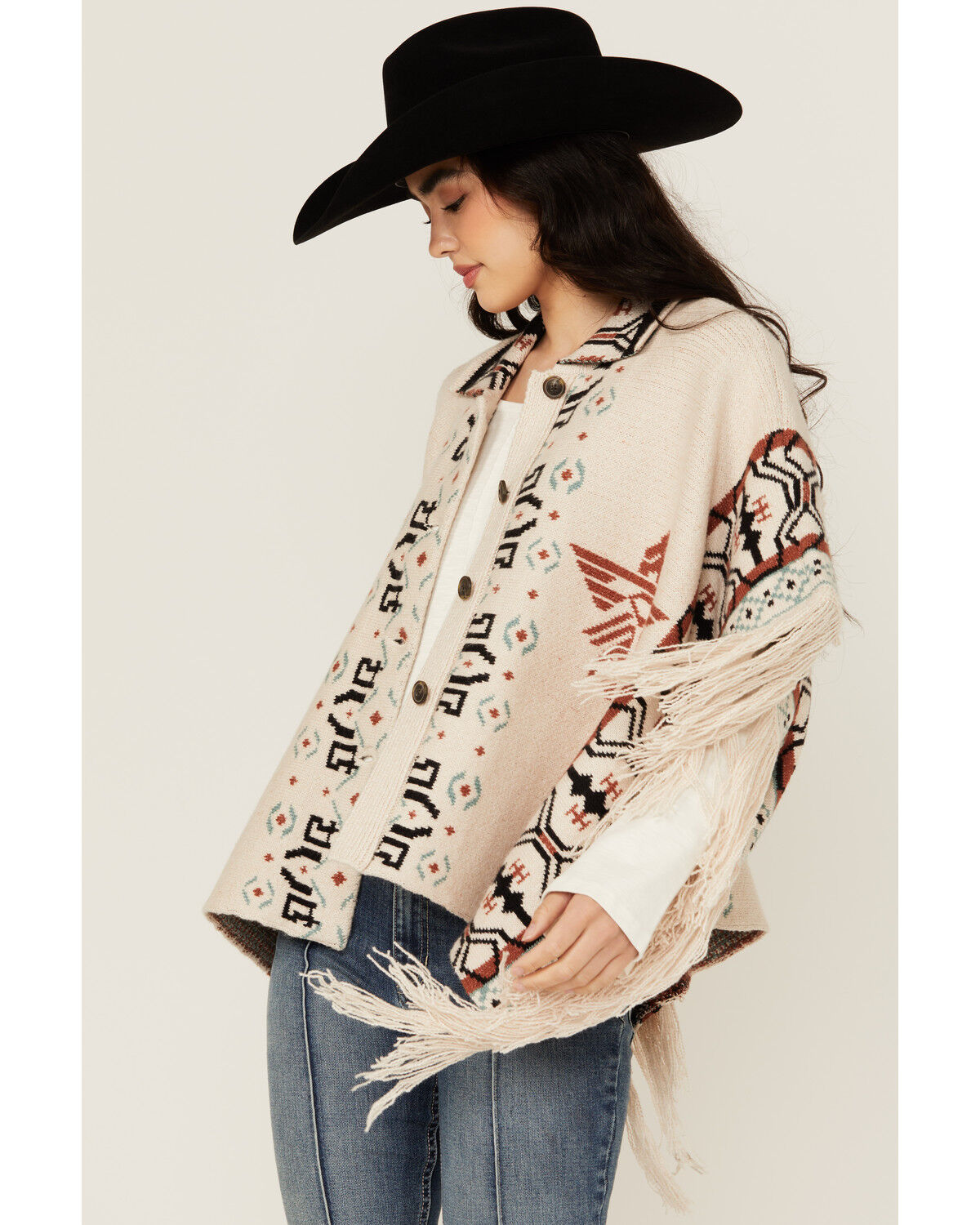 Image #3 - Idyllwind Women's Flyaway Southwestern Print Fringe Button-Down Poncho, Ivory, hi-res
