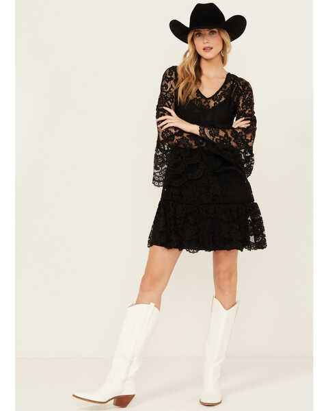 Scully Women's Lace Crochet Long Bell Sleeve Mini Dress , Black, hi-res