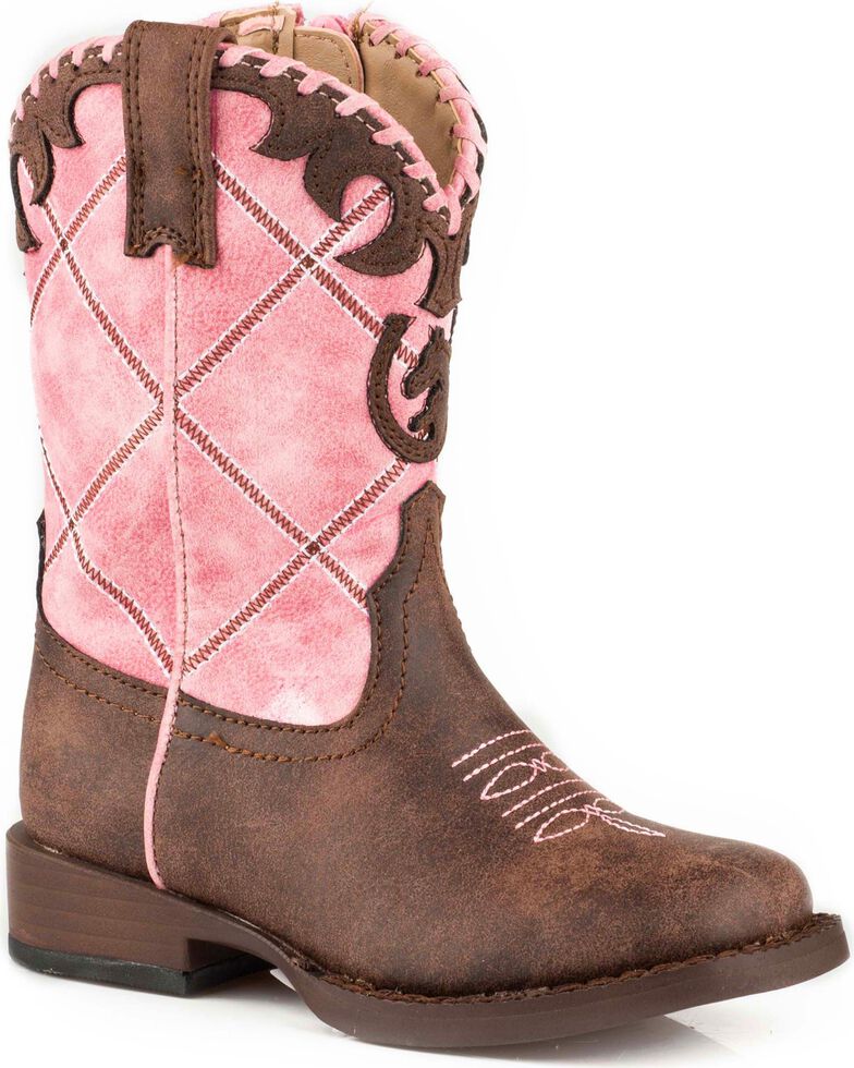 Roper Toddler Girls' Pink Diamond Stitching Boots - Square Toe , Pink, hi-res