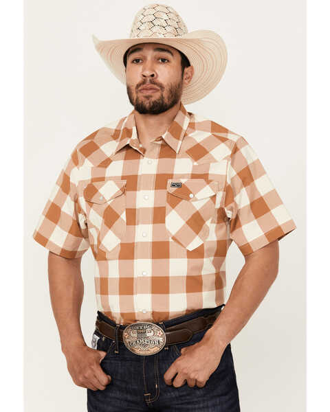 Kimes Ranch Men's Malcolm Buffalo Plaid Print Short Sleeve Pearl Snap Performance Western Shirt , Lt Brown, hi-res