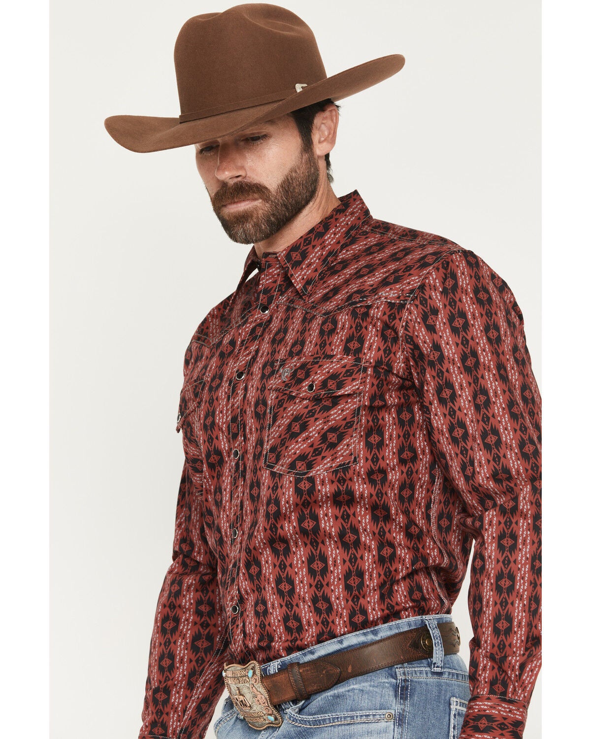 Image #2 - Cowboy Hardware Men's Southwestern Print Long Sleeve Snap Stretch Western Shirt, Red, hi-res