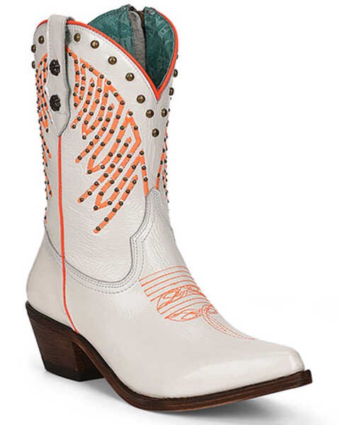 Image #1 -  Corral Women's Fluorescent Embroidered and Studded Western Boots - Pointed Toe, White, hi-res