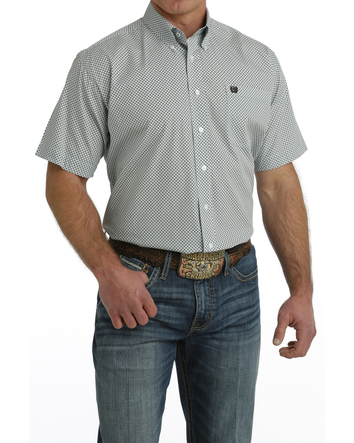 Image #1 - Cinch Men's Geo Print Short Sleeve Button-Down Western Shirt, Aqua, hi-res