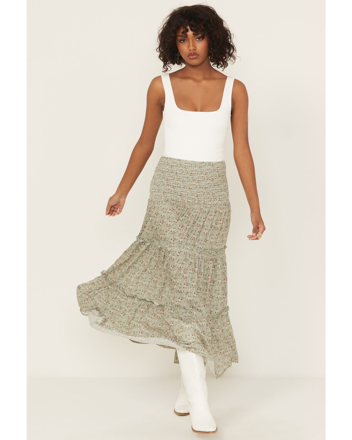 Image #1 - Rock & Roll Denim Women's Floral Print Tiered Maxi Skirt, Jade, hi-res