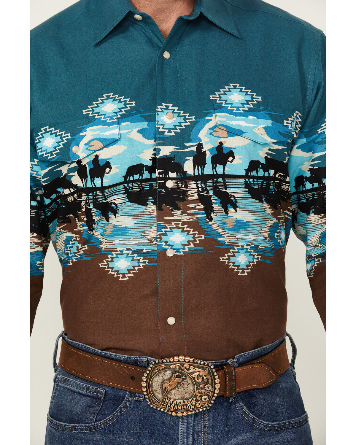 Image #3 - Panhandle Men's Cowboys Southwestern Print Border Long Sleeve Snap Western Shirt, Brown, hi-res