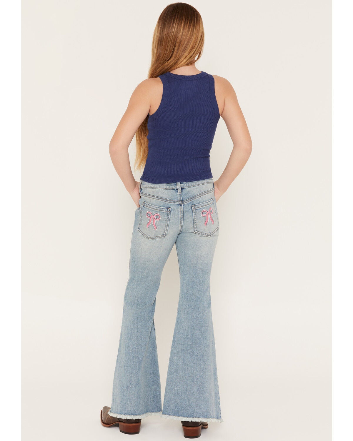 Image #1 - Shyanne Girls' Light Wash Lacey Bow Embroidered Flare Stretch Denim Jeans, Light Wash, hi-res