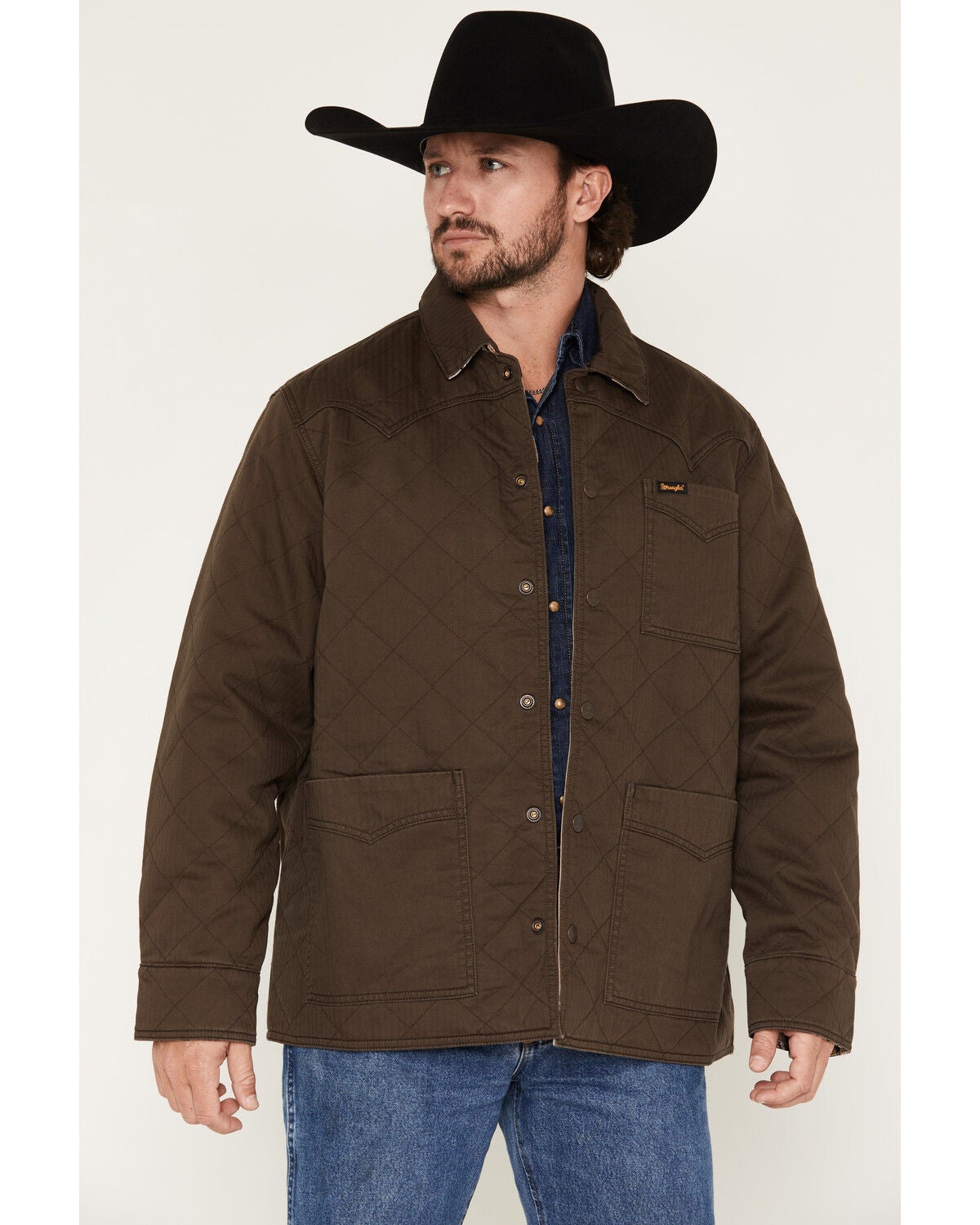 Image #1 - Wrangler Men's Reversible Solid Southwestern Print Quilted Jacket, Brown, hi-res