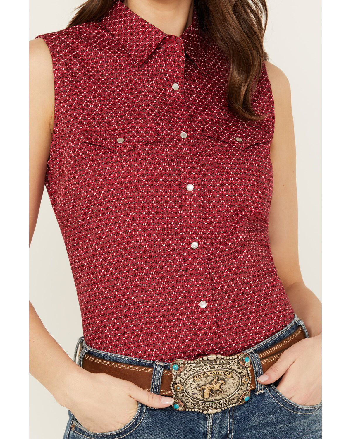 Image #3 - Ely Walker Women's Geo Print Sleeveless Pearl Snap Western Shirt, Red, hi-res