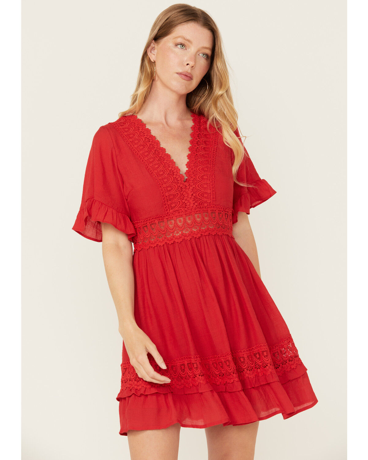Image #2 - Wishlist Women's Solid Lace Trim Mini Dress, Red, hi-res