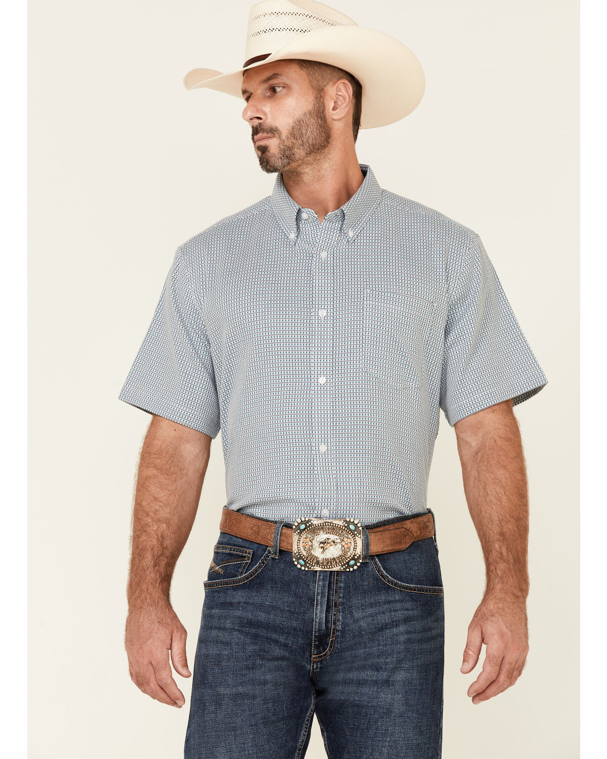Image #1 - Cody James Core Men's Clovis Dobby Geo Print Short Sleeve Button Down Western Shirt, Blue, hi-res