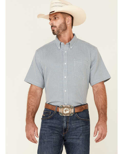 Cody James Core Men's Clovis Dobby Geo Print Short Sleeve Button-Down Western Shirt , Blue, hi-res
