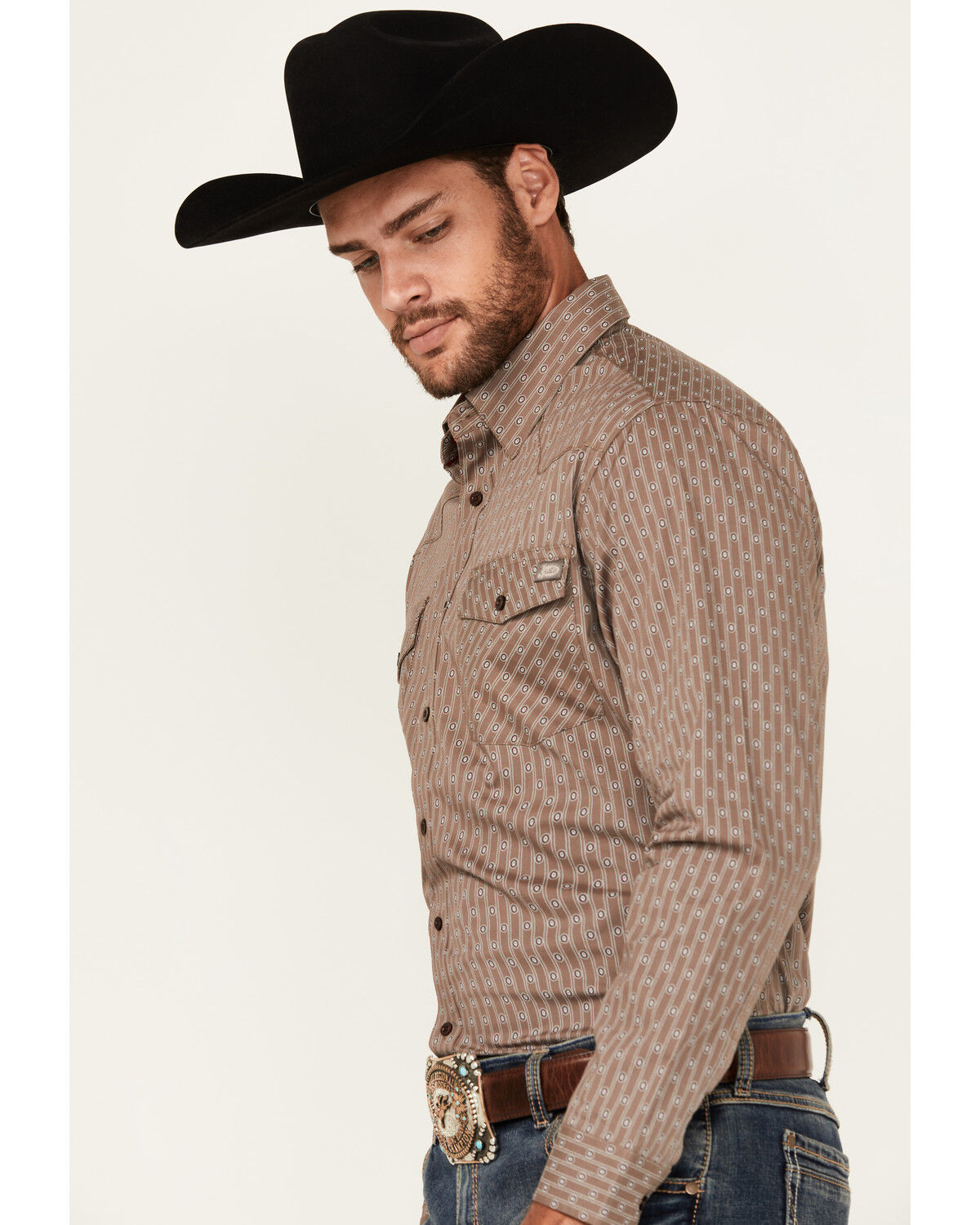 Image #3 - Justin Men's Boot Barn Exclusive Geo Striped Print Long Sleeve Button-Down Stretch Western Shirt, Grey, hi-res