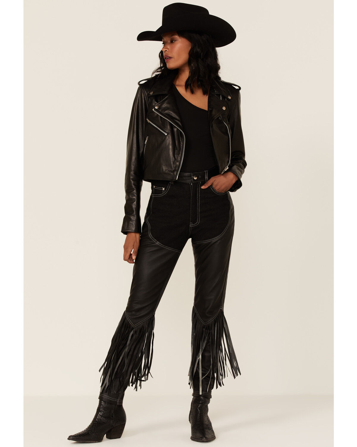 Image #1 - Understated Leather Women's Cowboy Denim & Leather Fringe Chap Jeans, Black, hi-res