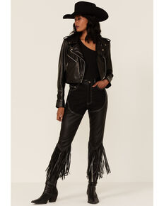 Understated Leather Women's Black Wash Cowboy Denim & Leather Fringe Chap Jeans , Black, hi-res