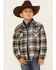 Image #1 - Roper Boys' Plaid Print Long Sleeve Flannel Shacket, Brown, hi-res