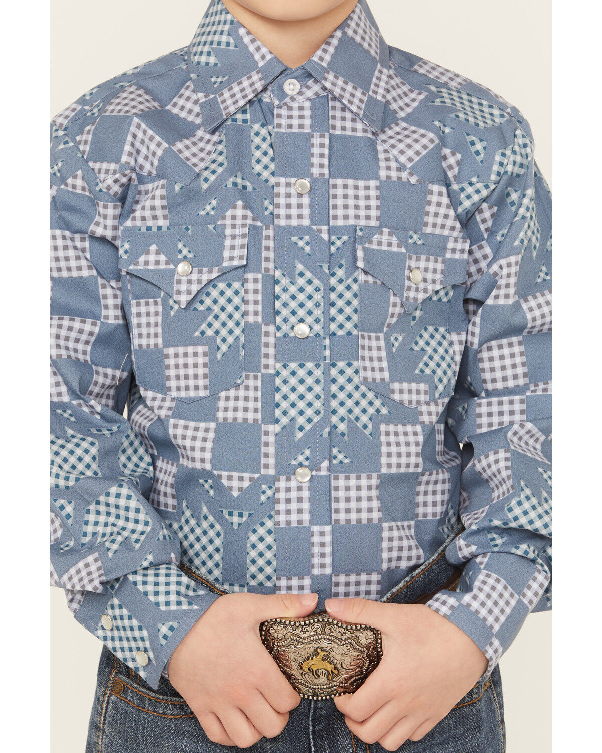 Image #3 - Ely Walker Boys' Quilted Print Long Sleeve Snap Western Shirt, Blue, hi-res