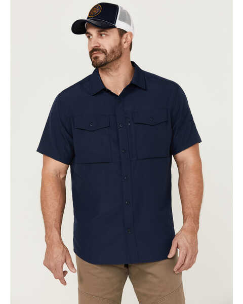 Brothers & Sons Men's Solid Dobby Performance Short Sleeve Button-Down Western Shirt , Navy, hi-res