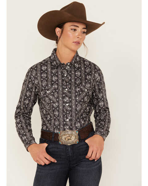 Rough Stock by Panhandle Women's Southwestern Print Long Sleeve Pearl Snap Western Shirt, Black, hi-res