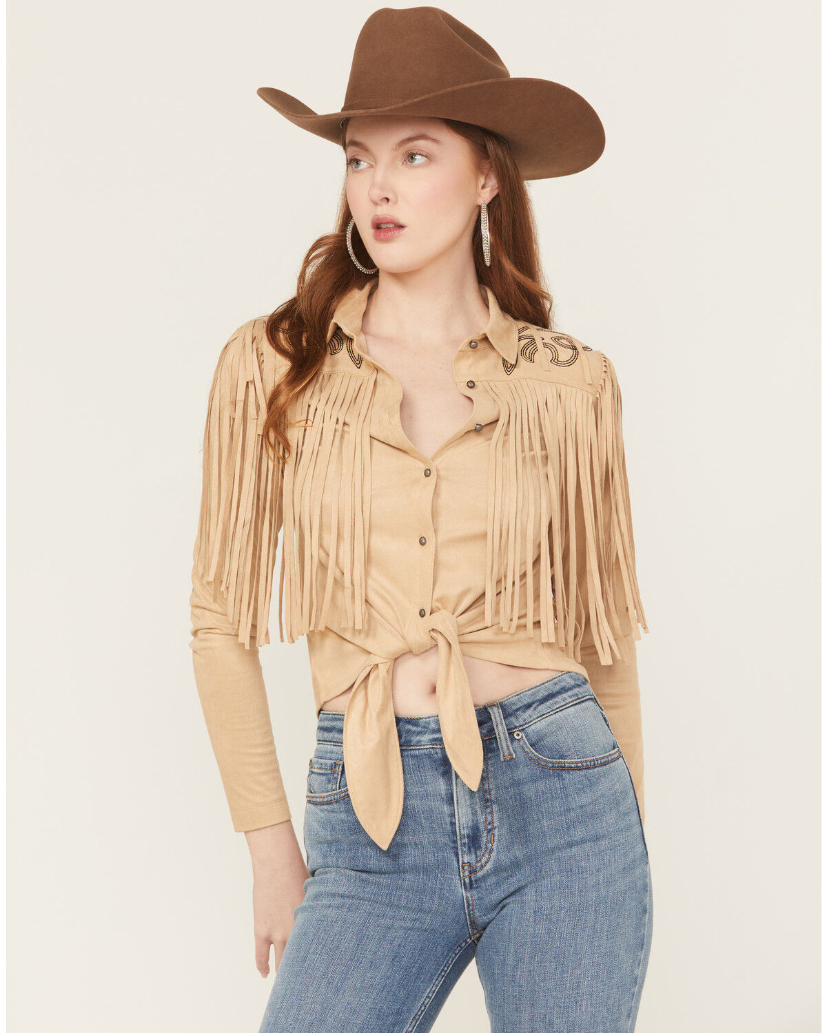 Image #1 - Idyllwind Women's McKinney Faux Suede Long Sleeve Fringe Top, Khaki, hi-res