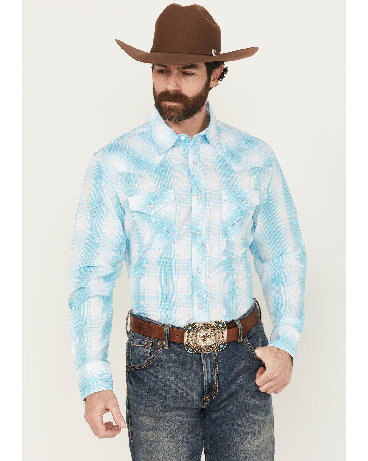 Image #1 - Wrangler Men's 20X Plaid Print Long Sleeve Snap Stretch Western Shirt, Turquoise, hi-res