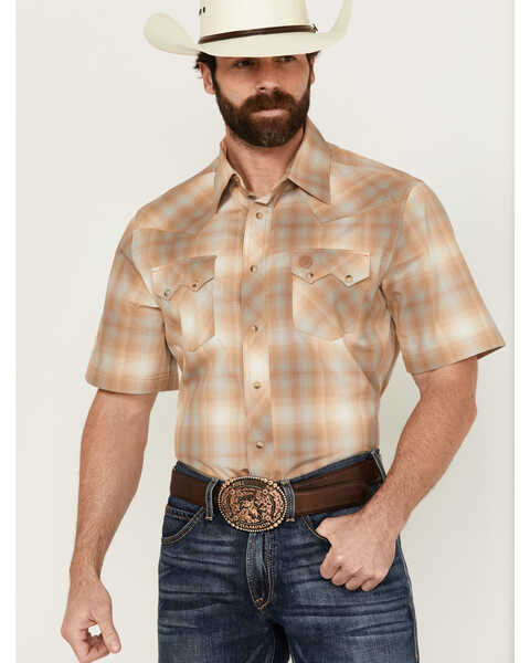 Wrangler Retro Men's Ombre Plaid Print Short Sleeve Snap Western Shirt , Tan, hi-res