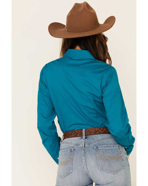 Image #4 - Cinch Women's Teal Solid Button Front Long Sleeve Western Shirt , Teal, hi-res