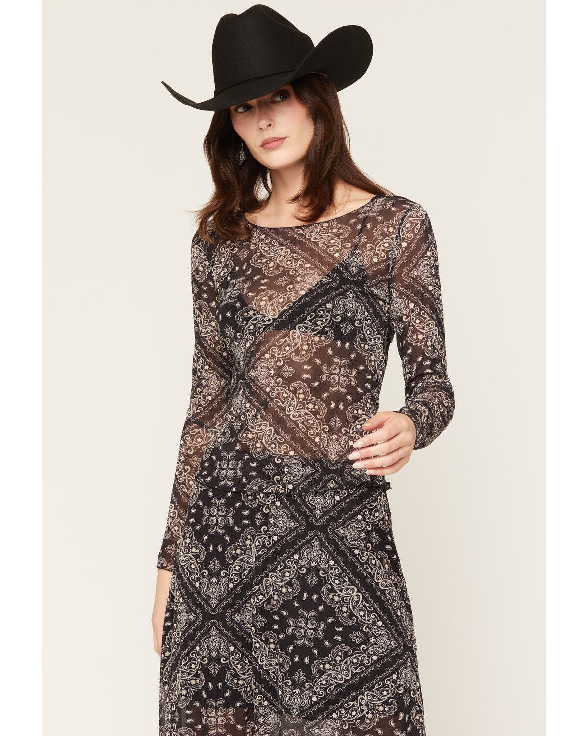 Idyllwind Women's Bandana Print Long Sleeve Mesh Top, Black, hi-res