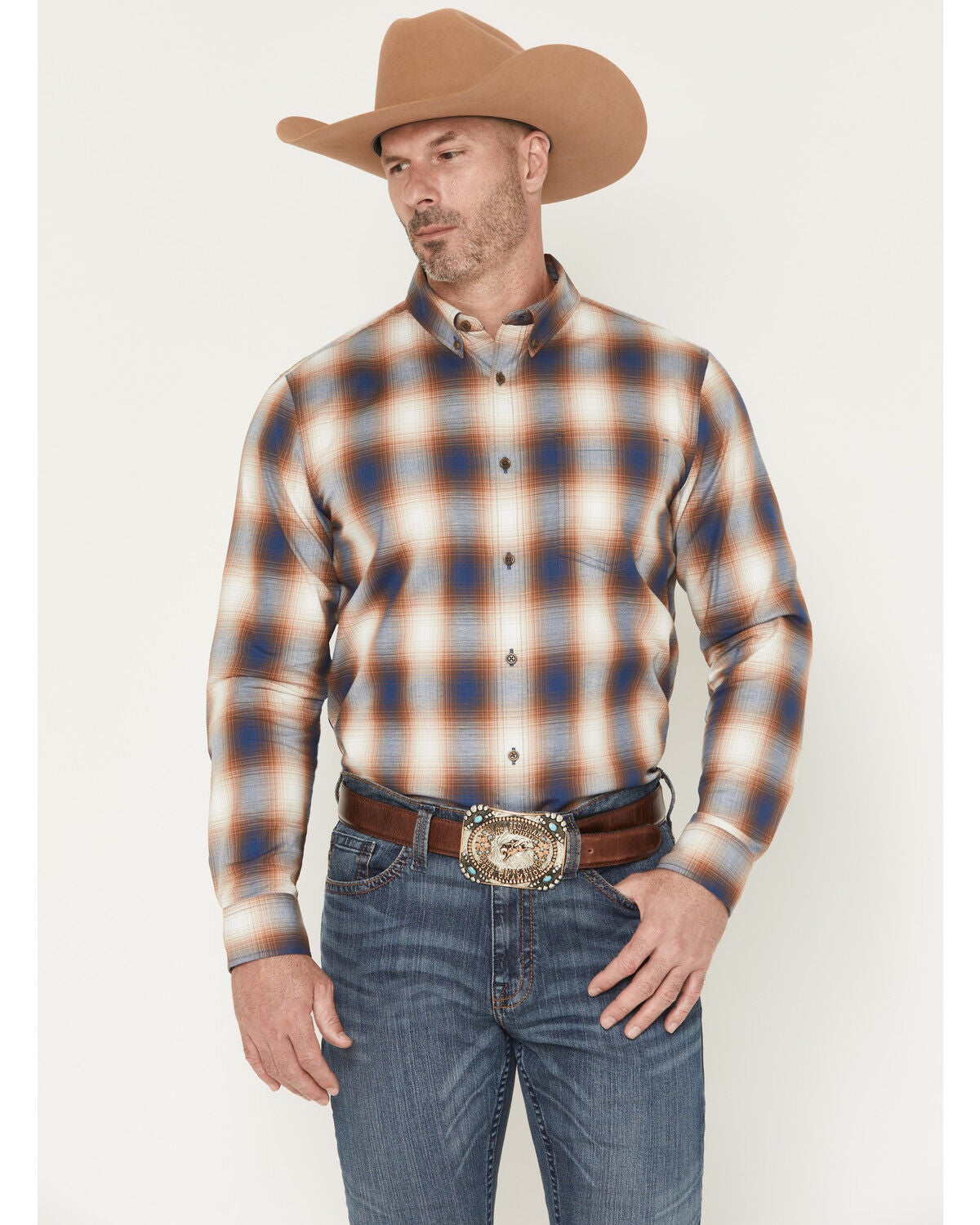 Cody James Men's Warner Plaid Print Long Sleeve Button-Down Stretch Western Shirt, Tan, hi-res