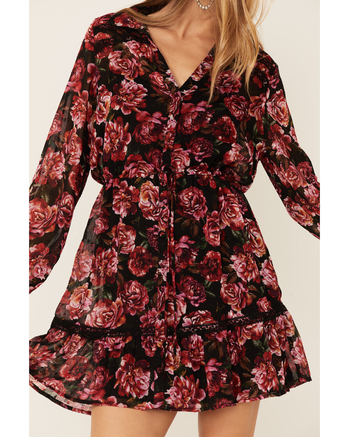 Image #2 - Lovestitch Women's Magenta Floral Floral Lace Trim Mini Dress, Magenta, hi-res