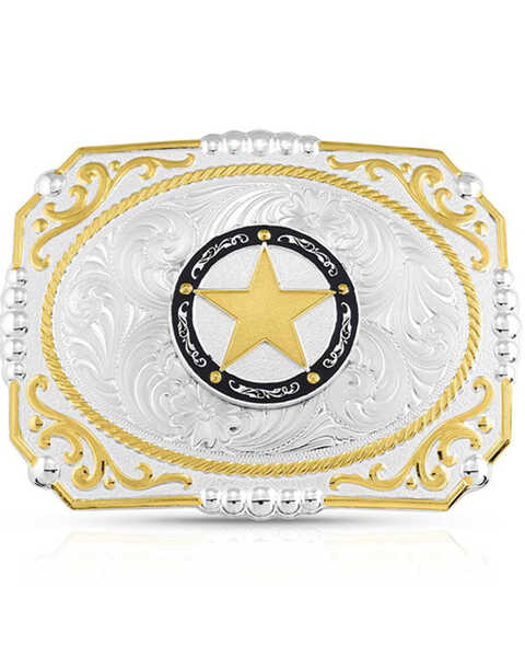 Montana Silversmiths Two-Tone Cowboy Cameo Star Belt Buckle, Silver, hi-res