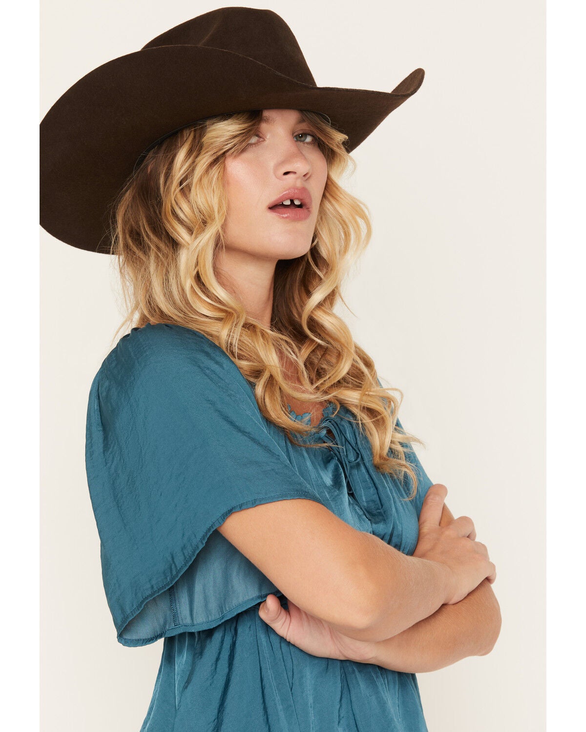 Image #2 - Shyanne Women's Hailey Satin Flounce Short Sleeve Peasant Blouse, Teal, hi-res