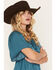 Image #2 - Shyanne Women's Hailey Satin Flounce Short Sleeve Peasant Blouse, Teal, hi-res