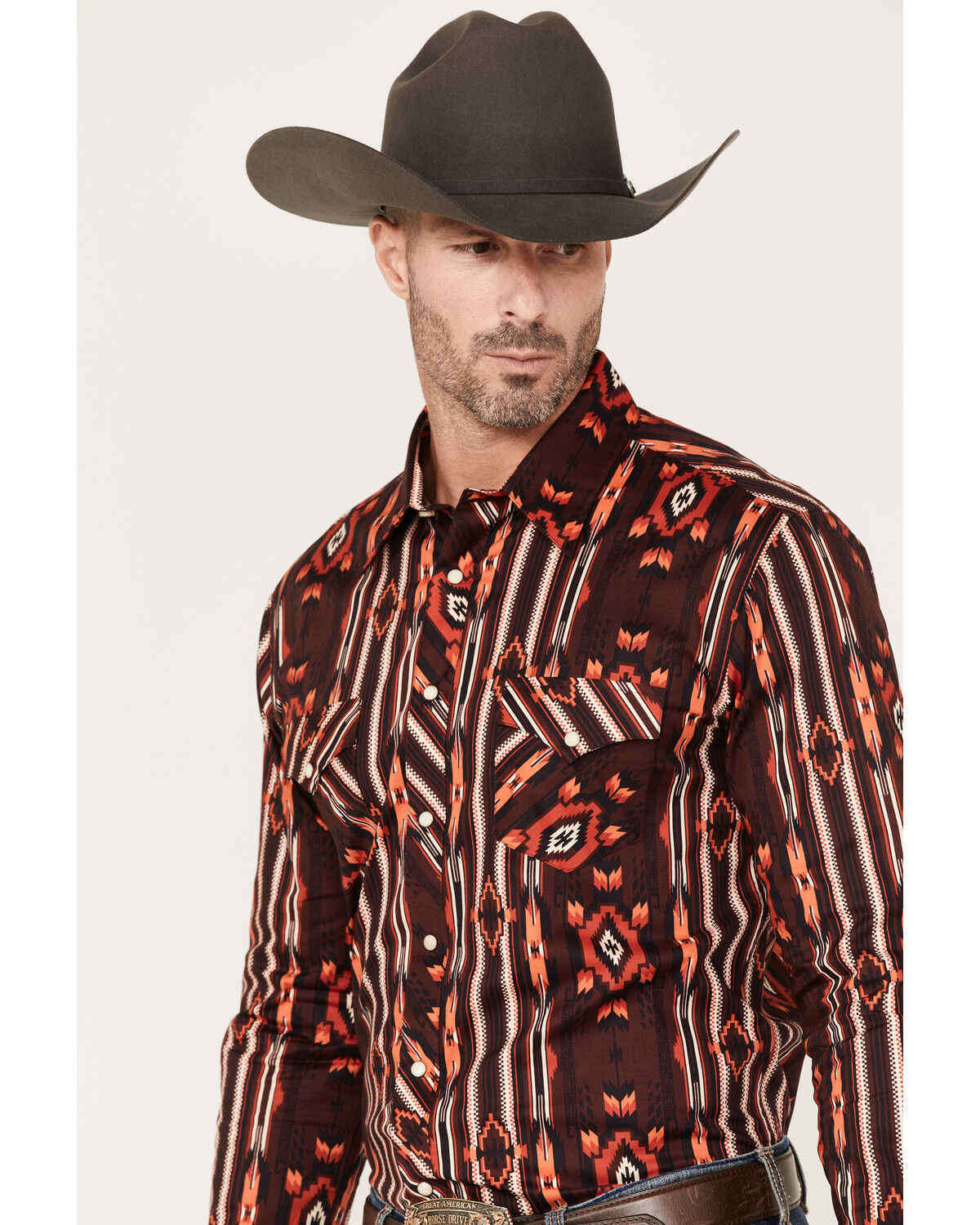 Image #2 - Rock & Roll Denim Men's Southwestern Stripe Stretch Long Sleeve Pearl Snap Shirt, Burgundy, hi-res