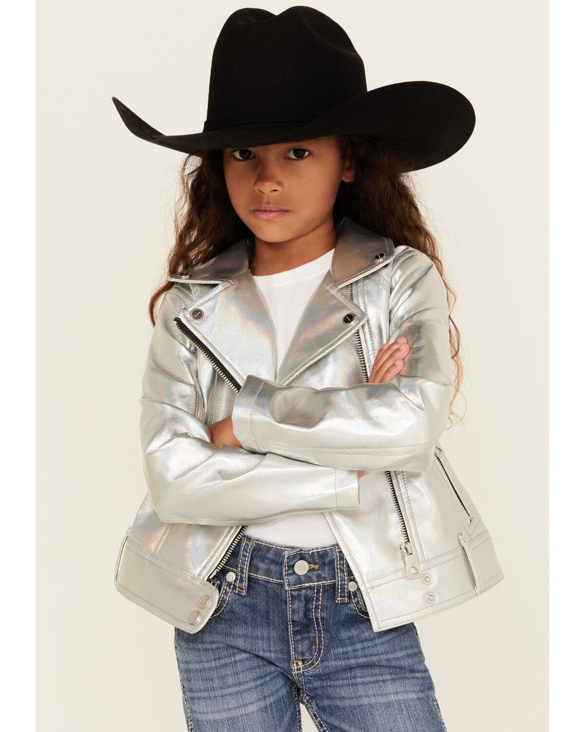 Image #1 - Urban Republic Girls' Metallic Moto Jacket, Silver, hi-res