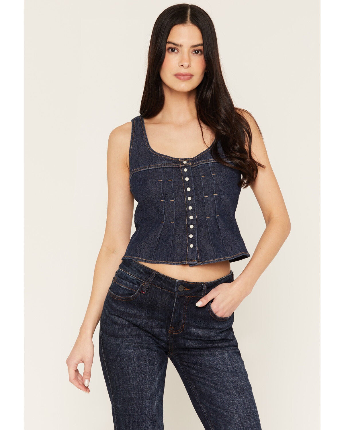 Image #1 - Wrangler Women's Dark Wash Pleated Sleeve Snap Denim Tank Top, Dark Wash, hi-res