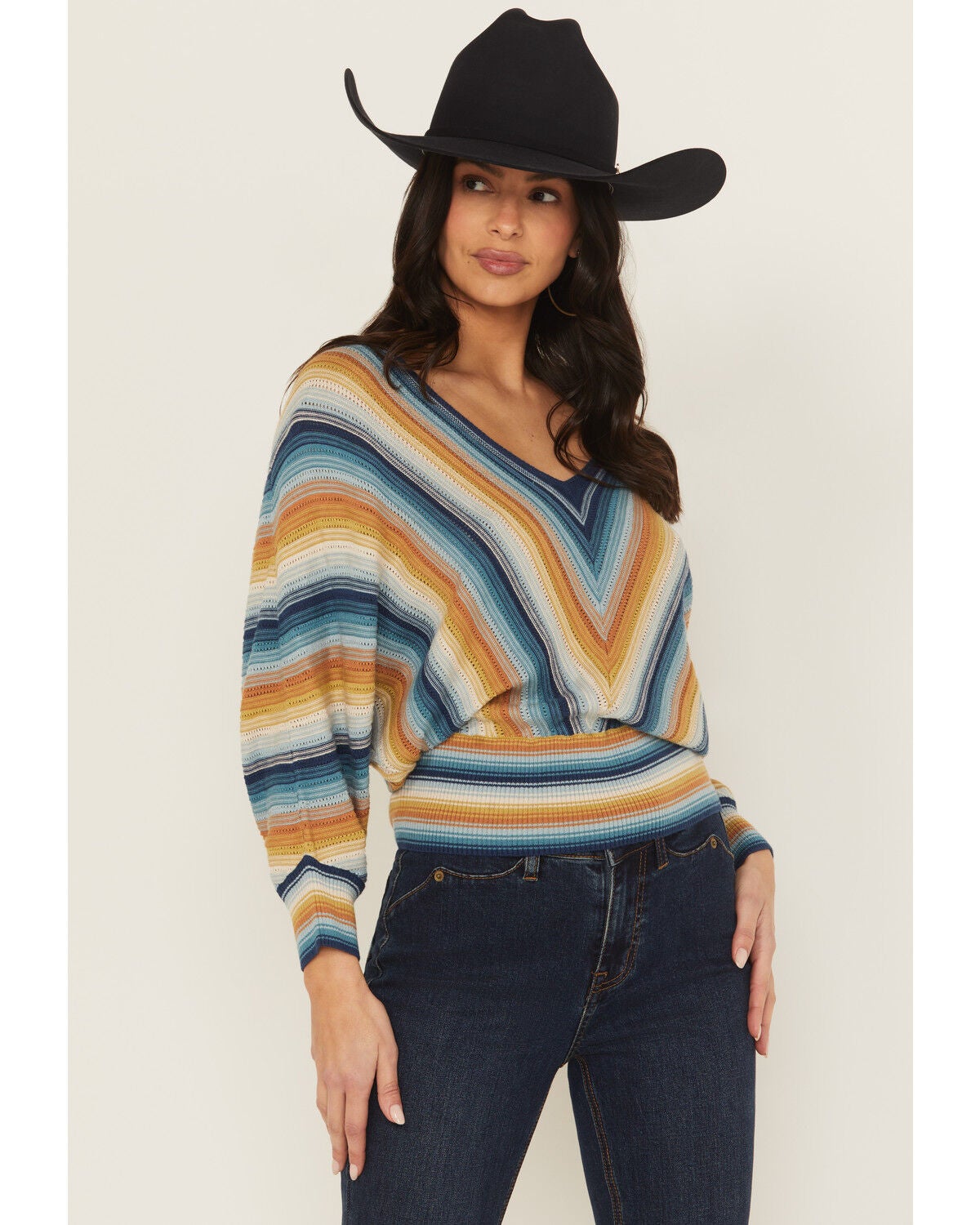 Shyanne Women's Striped Dolman Sleeve Sweater, Navy, hi-res