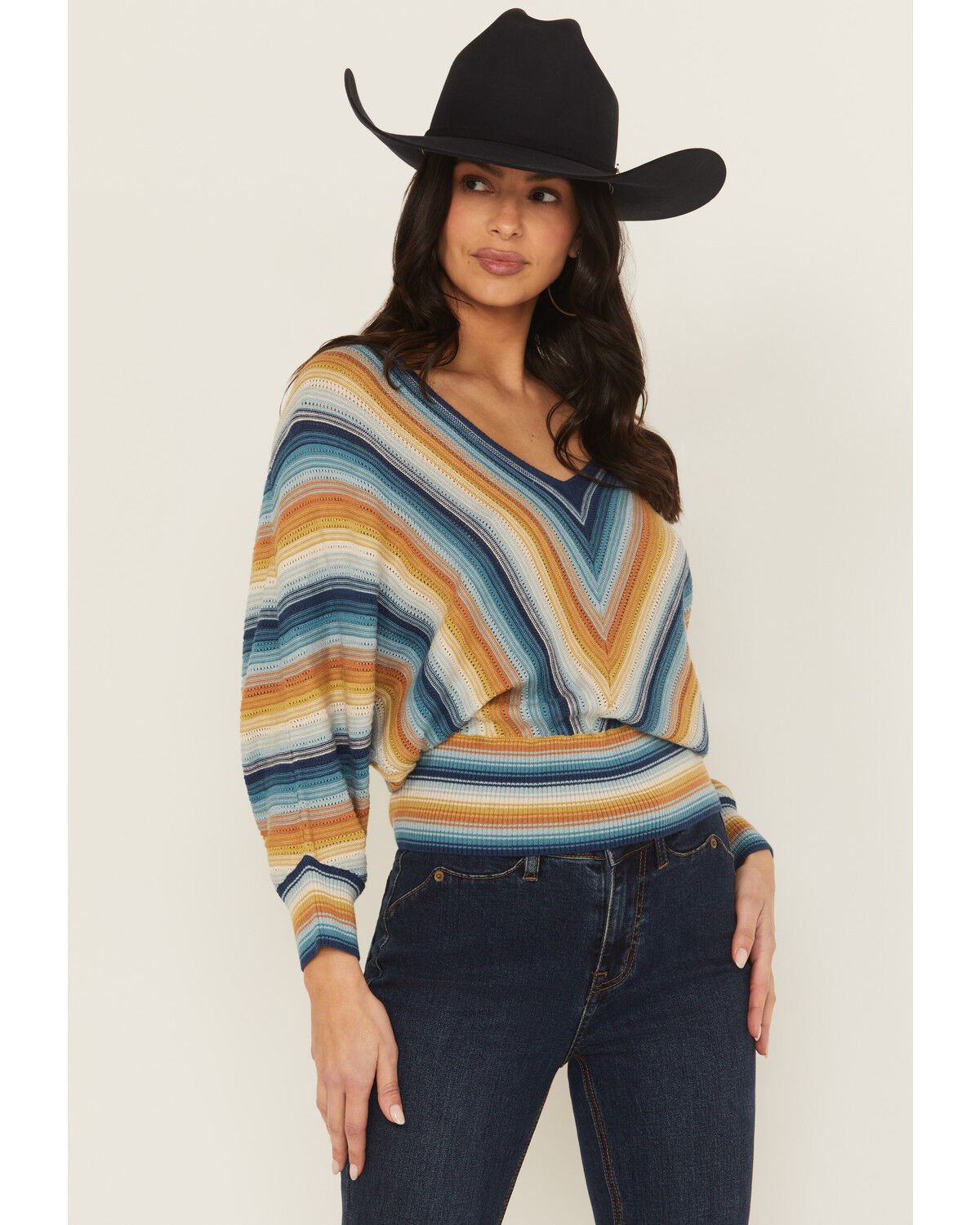 Image #1 - Shyanne Women's Striped Dolman Sleeve Sweater, Navy, hi-res