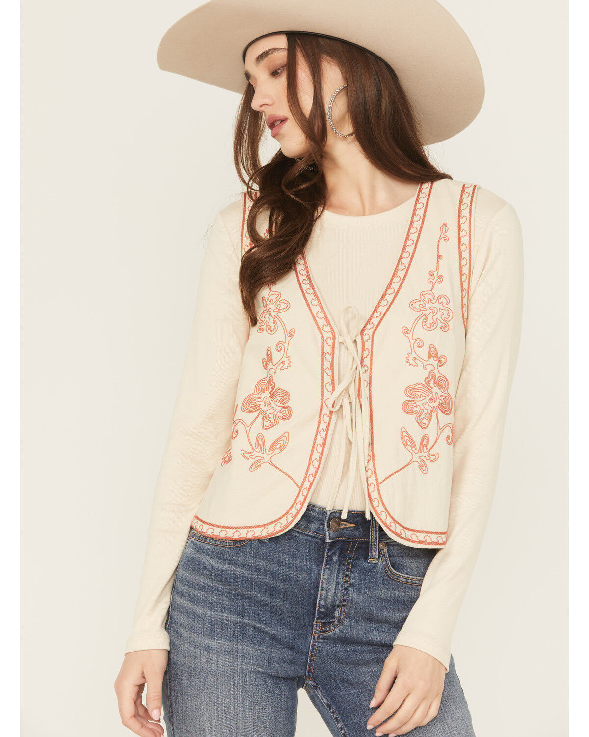 Image #1 - Easel Women's Floral Embroidered Tie-Front Vest, Cream, hi-res
