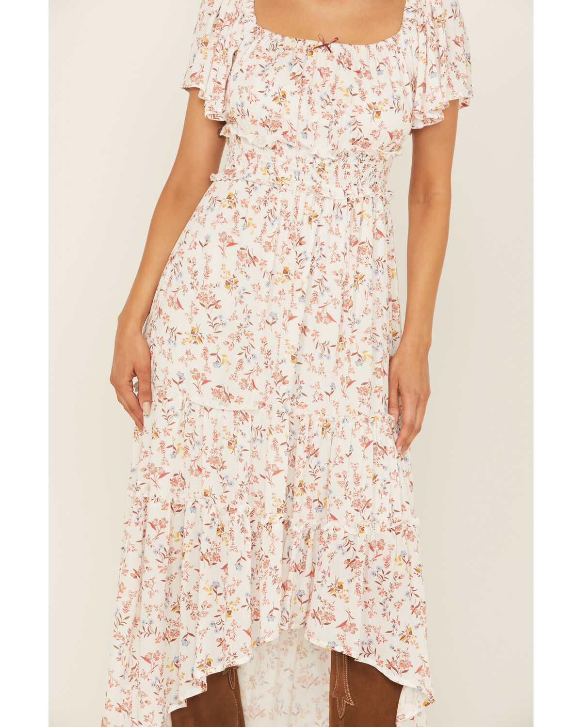 Image #3 - Wild Moss Women's Floral Print Short Sleeve High-Low Dress, Ivory, hi-res