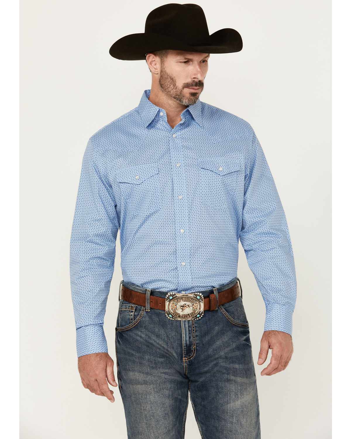 Image #1 - Wrangler 20X Men's Geo Print Long Sleeve Snap Stretch Western Shirt, Blue, hi-res