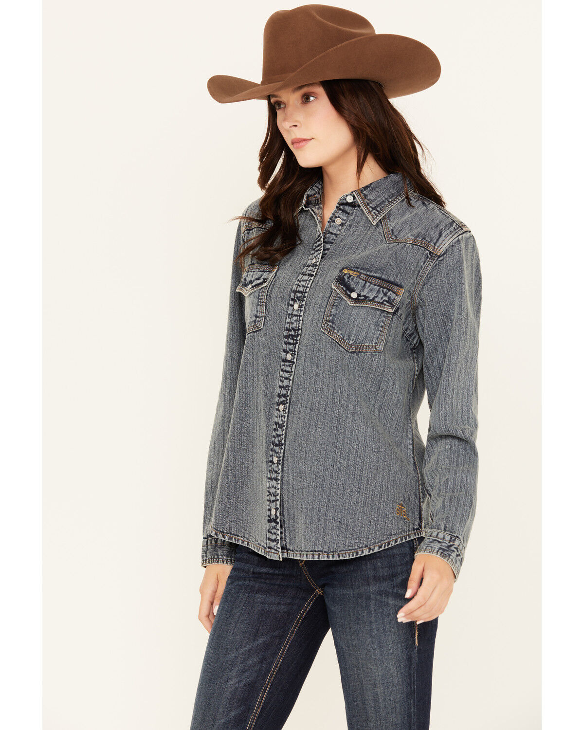 Image #2 - STS Ranchwear By Carroll Women's Duke Long Sleeve Snap Denim Western Shirt, Medium Wash, hi-res