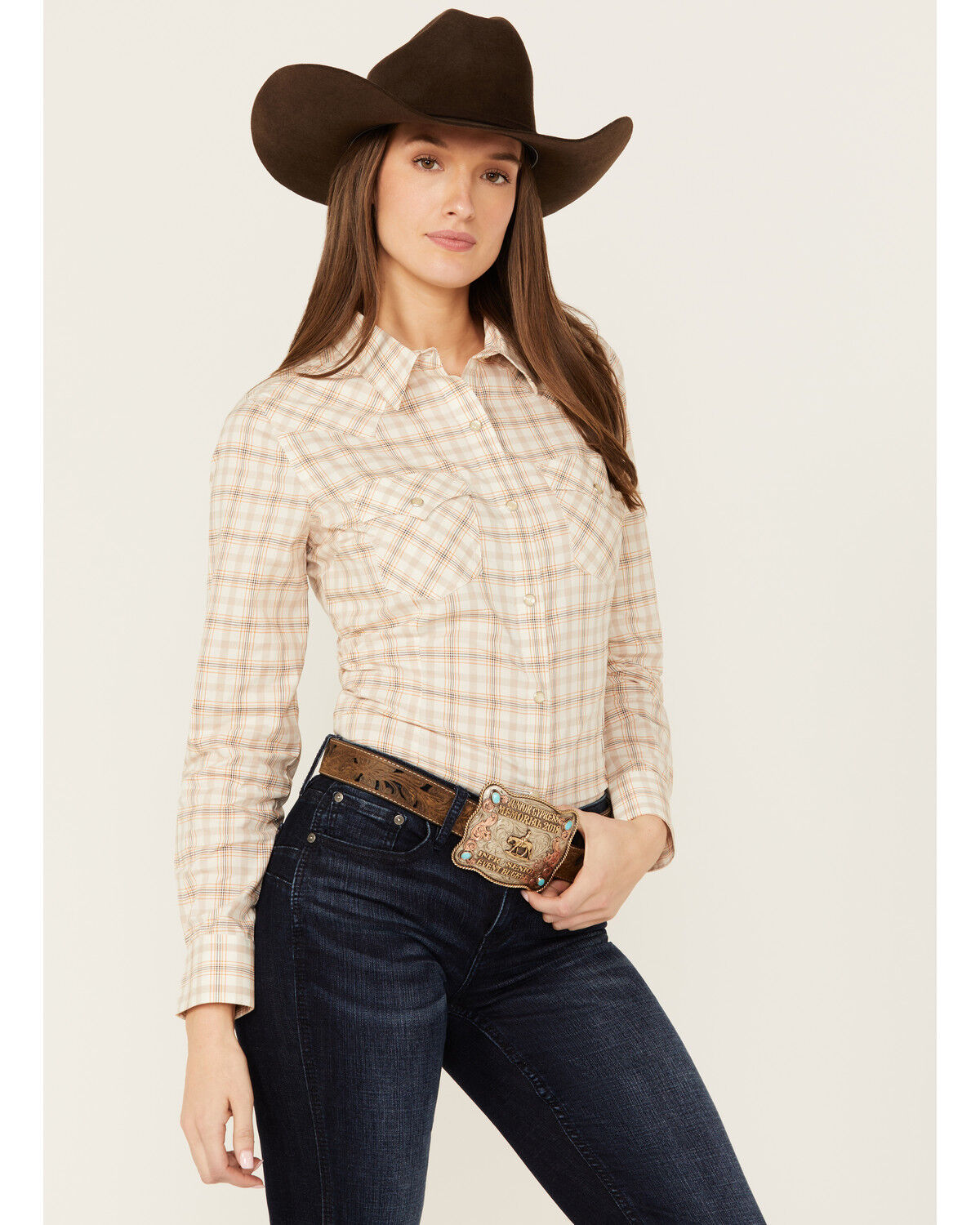 Image #2 - Wrangler Retro Women's Plaid Print Long Sleeve Pearl Snap Western Shirt, Cream, hi-res