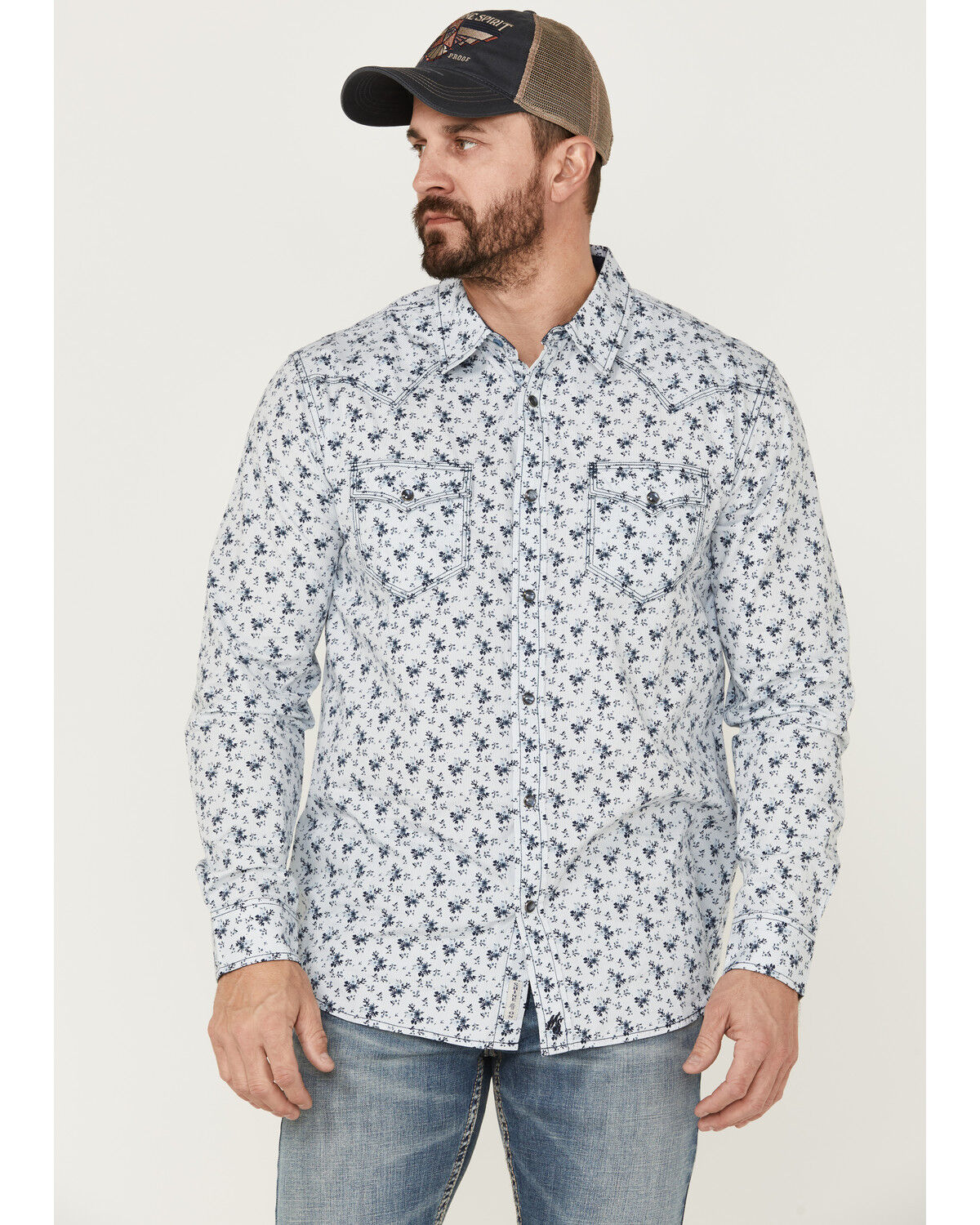 Image #1 - Moonshine Spirit Men's Bloom Floral Print Long Sleeve Snap Western Shirt, Light Blue, hi-res