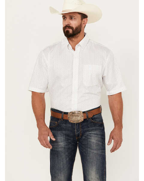 George Strait by Wrangler Men's Geo Print Short Sleeve Button-Down Western Shirt, White, hi-res
