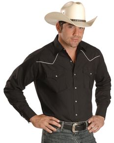 Ely Walker Men's Contrasting Piped Yoke Long Sleeve Western Shirt, Black, hi-res