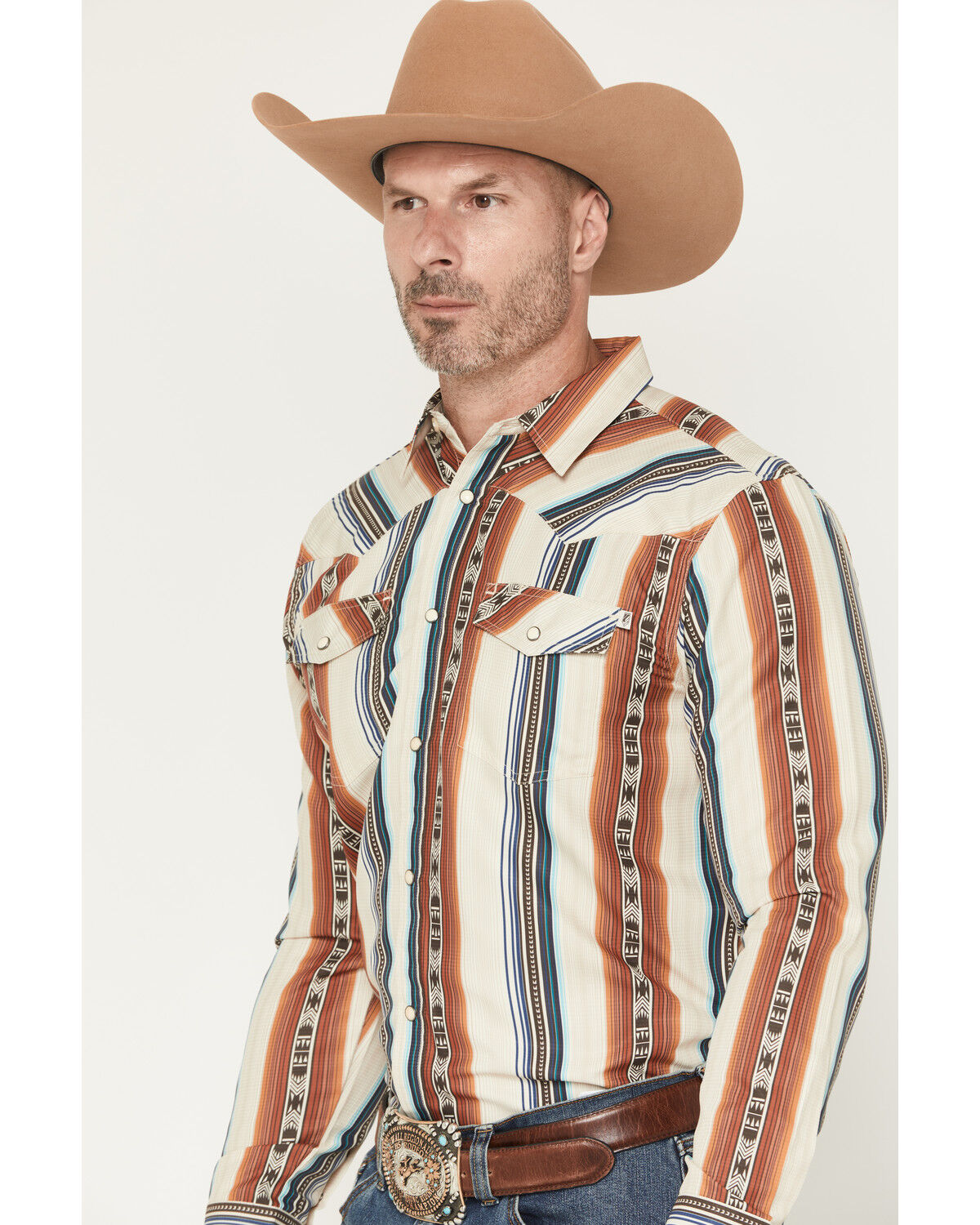 Image #2 - RANK 45® Men's Range Rider Striped Long Sleeve Snap Performance Western Shirt, Ivory, hi-res