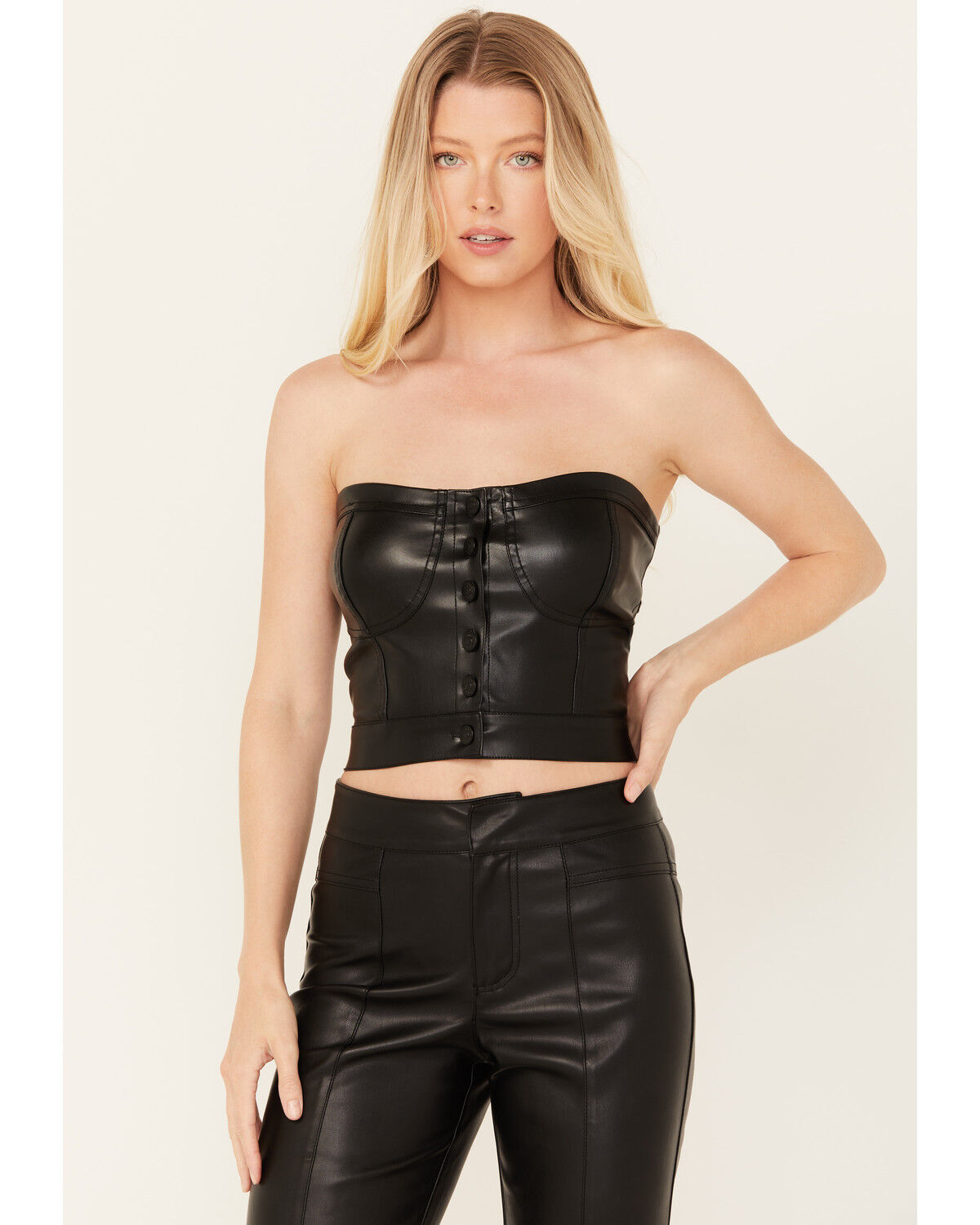 Image #2 - Vibrant Denim Women's Pleather Corset Bustier Top, Black, hi-res