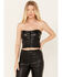 Image #2 - Vibrant Denim Women's Pleather Corset Bustier Top, Black, hi-res