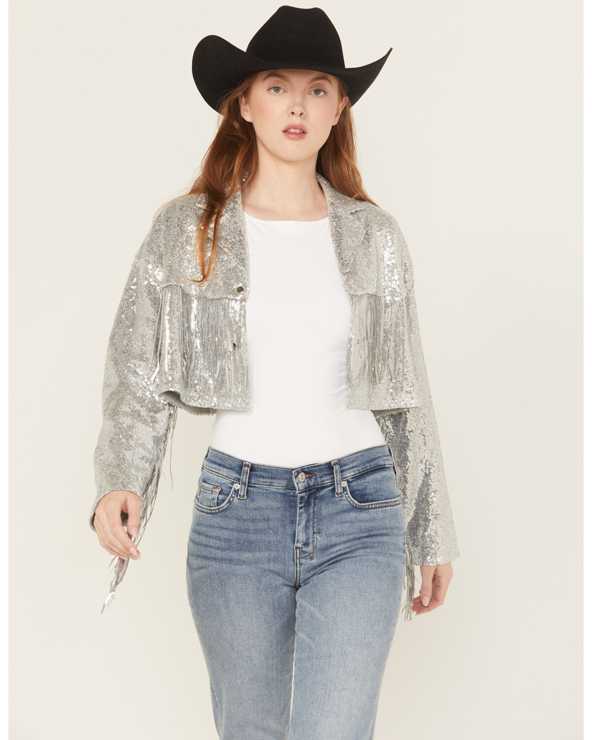 Image #1 - Saints & Hearts Women's Sequin Embellished Fringe Cropped jacket, Silver, hi-res
