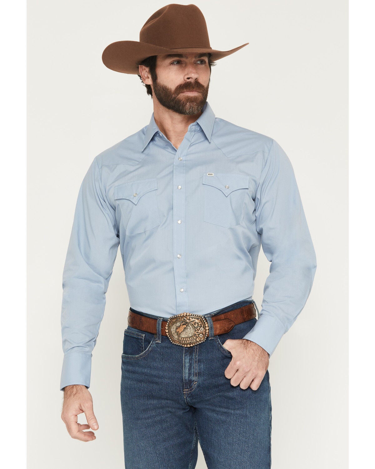 Ely Walker Men's Solid Long Sleeve Pearl Snap Western Shirt, Light Blue, hi-res